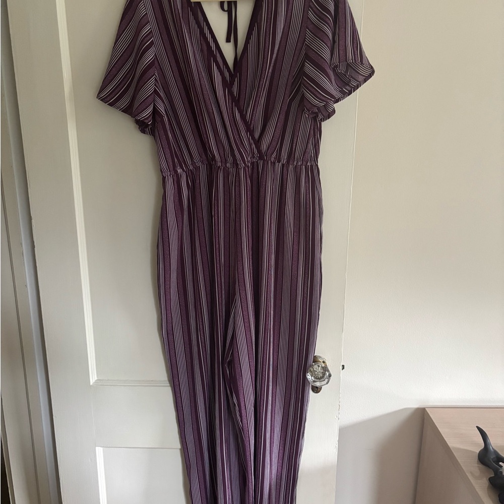 Xhilaration Purple Striped Jumpsuit with V-Neckline